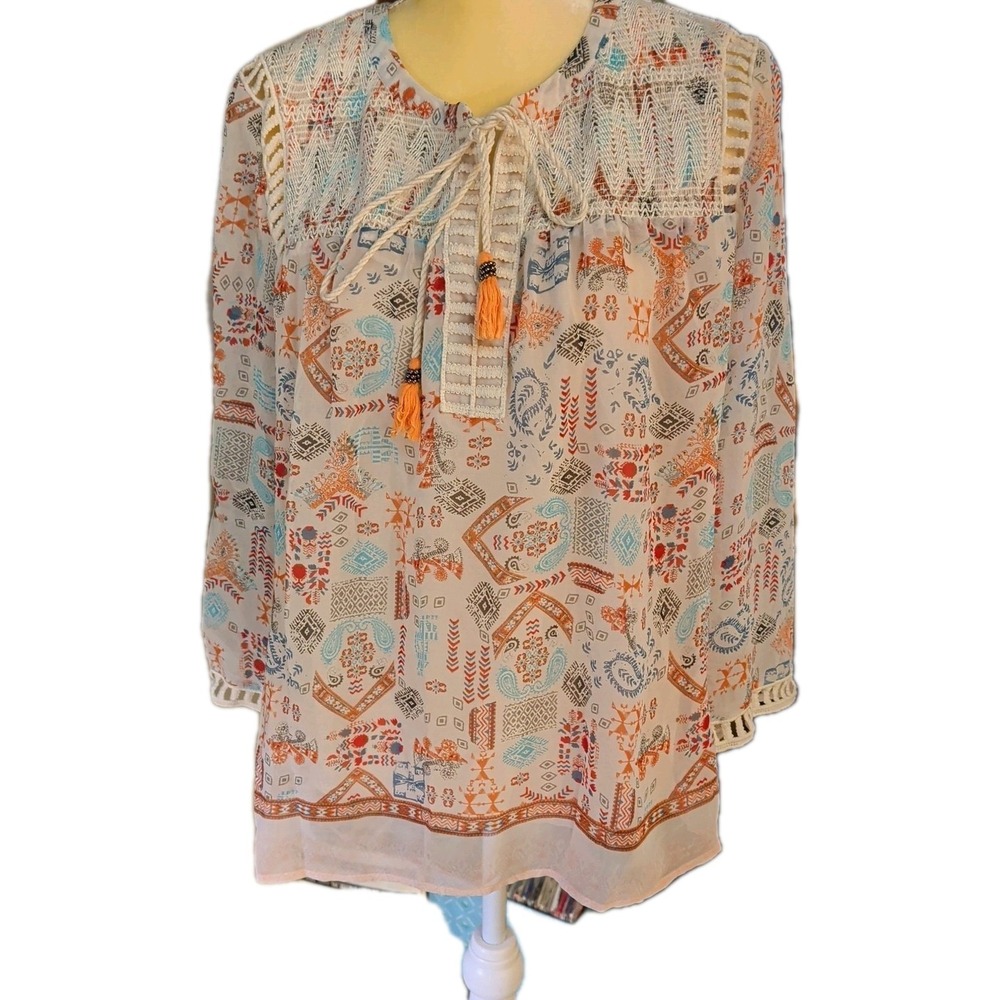 Pale Sky Women's Top Size L 3/4 Sleeve Beige With Rust & Light Blue Print